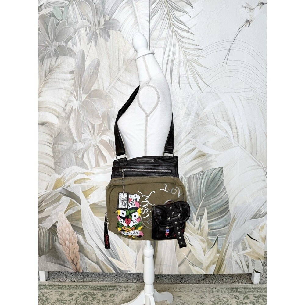 Ed Hardy leather And cloth crossbody bag “Love Is A Gamble” CLEAN